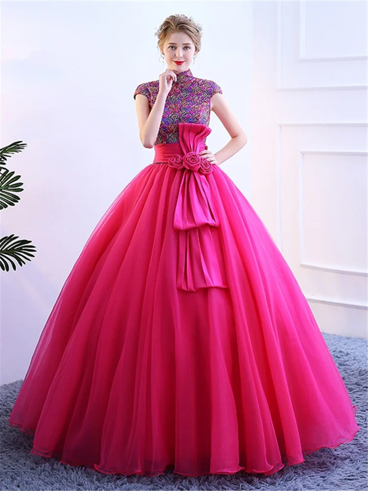 Это Yiya свадебное платье блестящие красочные блестки с высоким воротом свадебное платье es Plue Размер Розовый Красный большой бант Robe De Mariee CH160