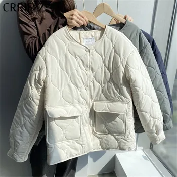

New Short Chic Sweet Winter Jacket Women Circular Lattice Desgin Down Jacket Collarless Coats Warm Lightness Down Parka CRRIFLZ