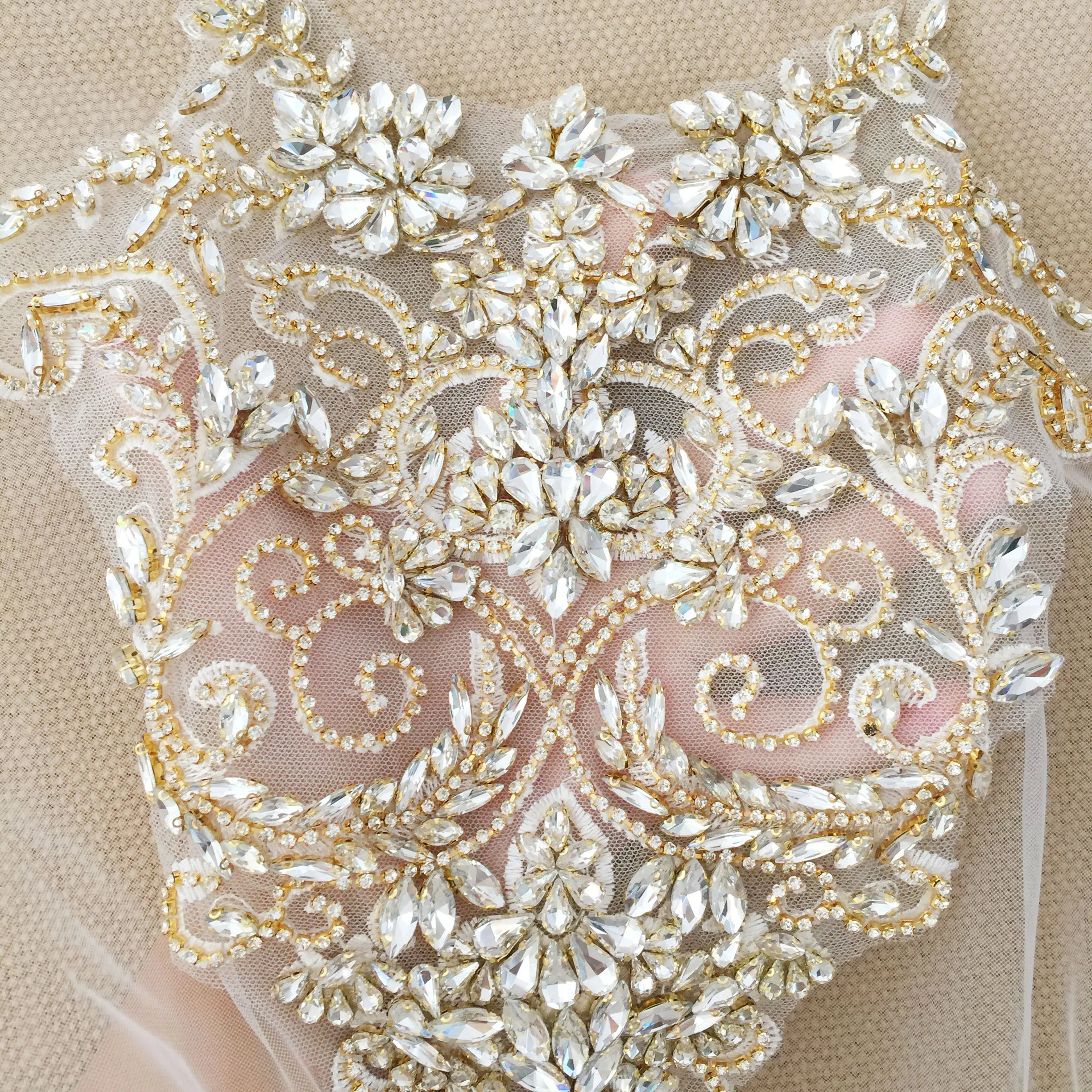 Pure Hand Made Gold Crystal Rhinestone Beaded Bridal Bodice