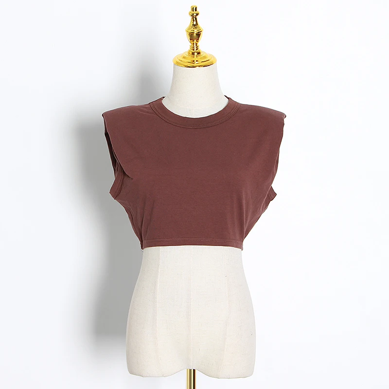 主 (2).JPG TWOTWINSTYLE Minimalist Women T Shirt O Neck Sleevelesss Elegant Short T-Shirt For Female Fashion Clothing 2020 Spring Summer