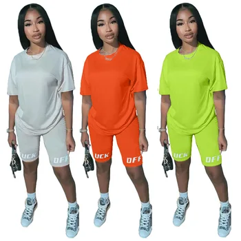 

2020 Women new summer letter print short sleeve t-shirt knee length shorts suit two piece set sporting tracksuit outfit