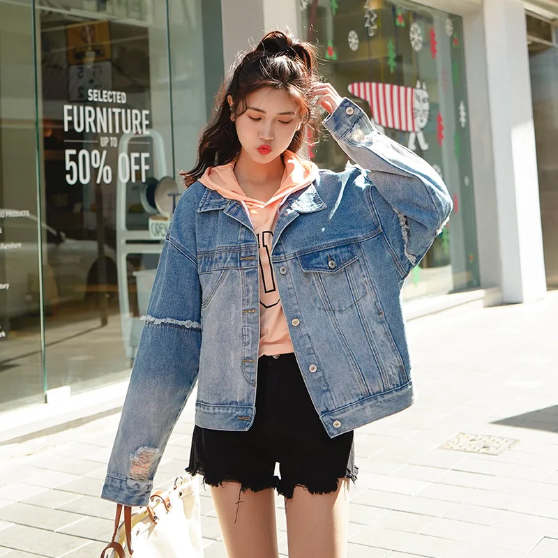 

Korean-style Loose-Fit WOMEN'S Denim Jacket Cool with Holes Cowboy Long-sleeved Coat Slimming Versatile Casual Coat Women's