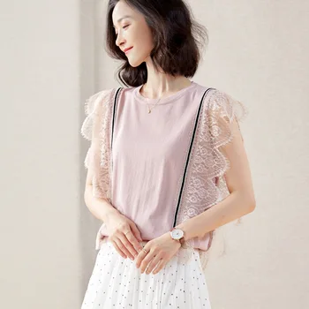 

Women's round neck knitted stitching lace short sleeve knitted T-shirt gray