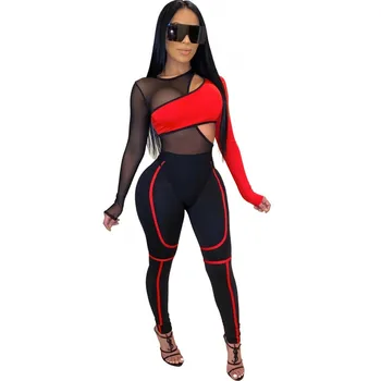 

2020 New Winter Women Sets Long Sleeve Mesh Hollow Out Bodysuit+Pants Suits Sexy Nigh Club Tracksuits Two Piece sets