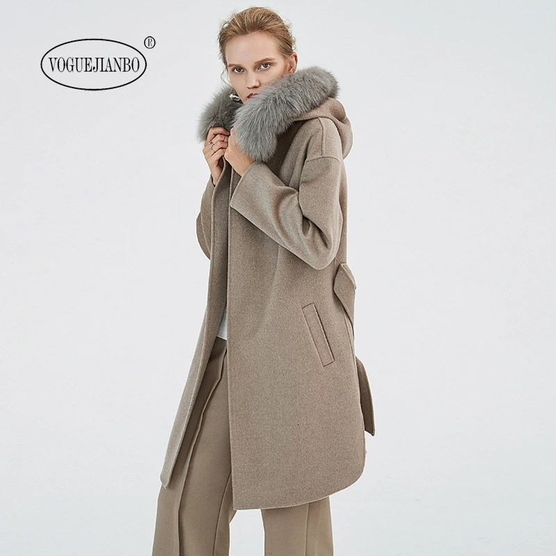 

2019 winter Fox fur collar water ripple double-faced cashmere wool coat casacos coats vestidos elegantes ladies tops top women