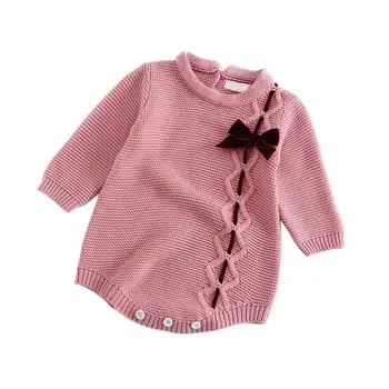 

Long-Sleeved Sweater Baby Girls Cotton Bow Knit Romper Jumpsuit 2 Colors