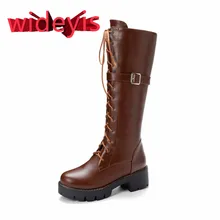 Shoes woman WIDEYIS leather retro women's boots knee high cross strap waterproof and comfortable fashion round head solid color