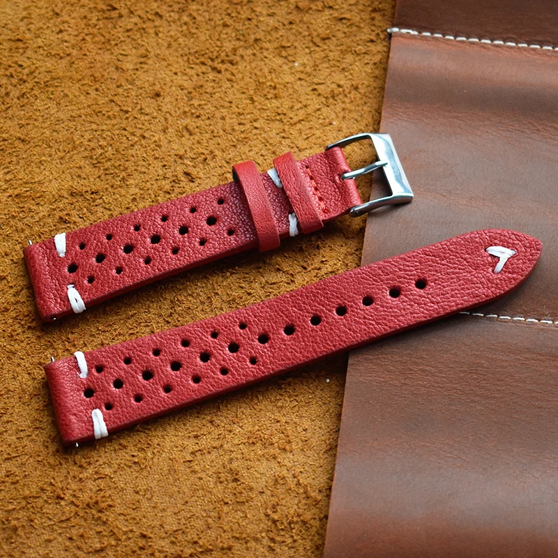 Handcrafted Genuine Leather Brown Porous Breathable Watchstrap with Detailed Stitching