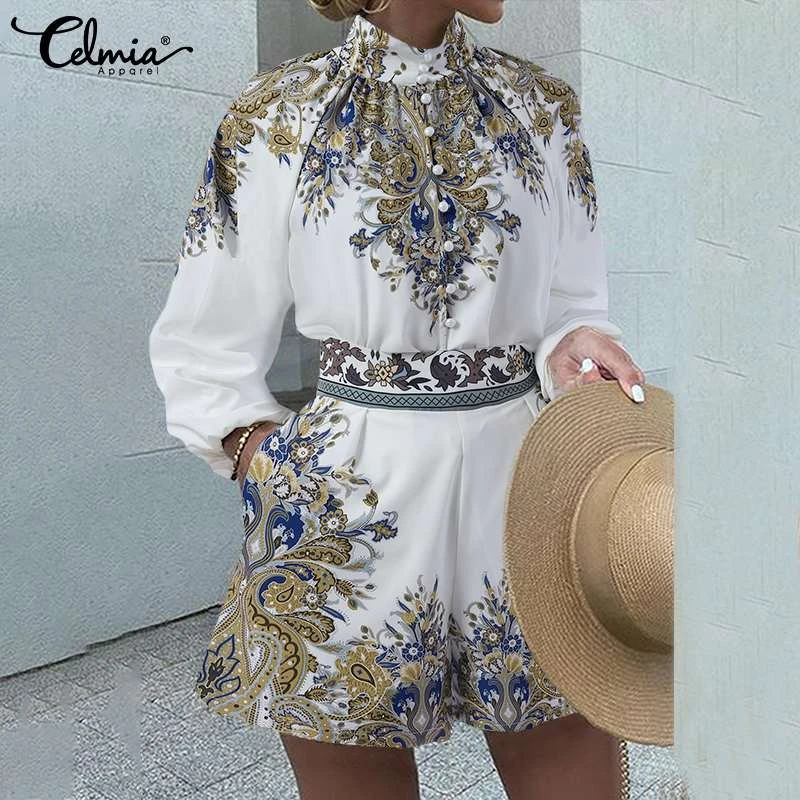 Celmia 2 PCS Printed Sets Women Fashion High Collar Tops Long Puff Sleeves Button Shirts High Waist Shorts Casual Matching Suits matching top and trousers set