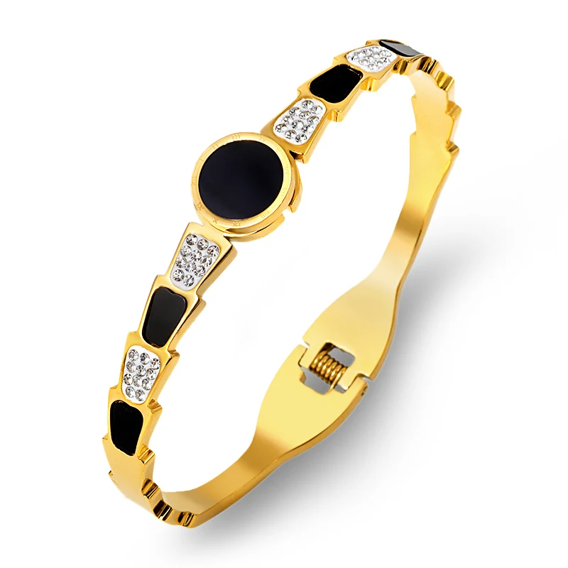 

Crystal CZ Zircon Charm Beads Roman Numerals Wristband Bangles For Fashion Zirconia Big Black Stone Women's Bangles Jewelry