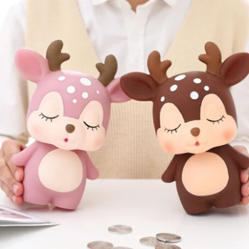 

Cartoon Resin Deer Shaped Piggy Bank Multi-Function Coin Money Box Bedroom Tabletop Figurines Cute New Year Decorative Gift