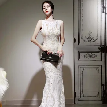 

Spring New Sleeveless White Long Dresses Women's High-end Sexy Tight Party Vest Maxi Fashion Lace Dresses Vestidos