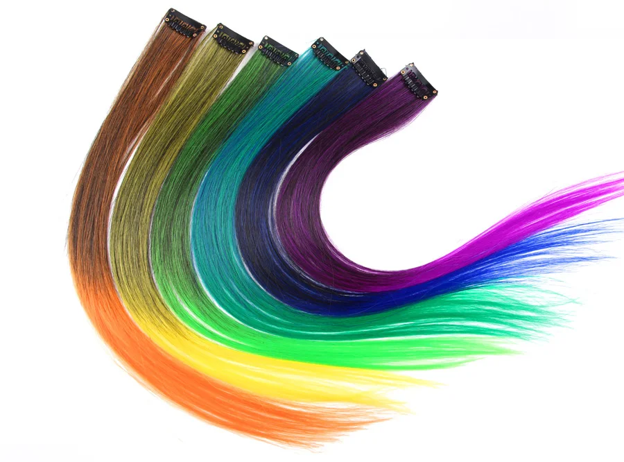 

13 Colored Highlight Synthetic Hair Extensions Clip In One Piece Color Strips 20" Long Straight Hairpiece for Sports Fans Party