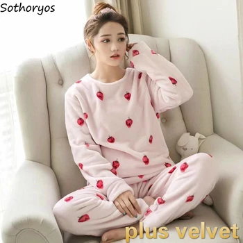 

Pajama Sets Women Autumn Winter O-neck Coral Fleece Loose Warm Soft Womens Korean Style Thickening Pyjamas Printed Chic Ulzzang