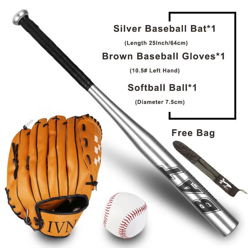 64 см комплект для бейсбола с битой для детей подростков мяч для Софтбола бейсбольные перчатки костюм бейсболиста с бесплатной сумкой летучая мышь бит Софтбол Летучая мышь 25" - Цвет: Silver