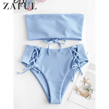 

ZAFUL Ribbed Lace Up High Waisted Bikini Set Strapless High Waisted Cut Bandeau Bikini Women Solid Swimsuit Summer Swimwear 2020