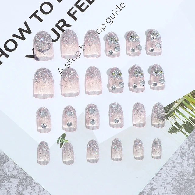 24Pcs Luxe Shining Rhinestone Wedding False Nails Transparent Glitter Gems  Crown Designed Square Full Short Fake Art Bride - AliExpress