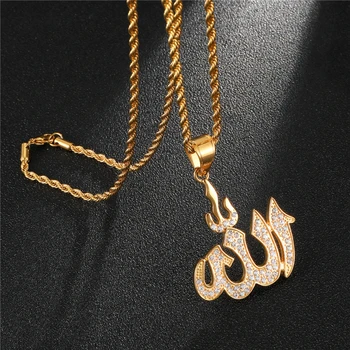 

US7 Iced Religious Allah Pendant God Arabic Pendant Gold Color Cubic Zircon Stainless Steel Necklace Hip Hop Jewelry For Man