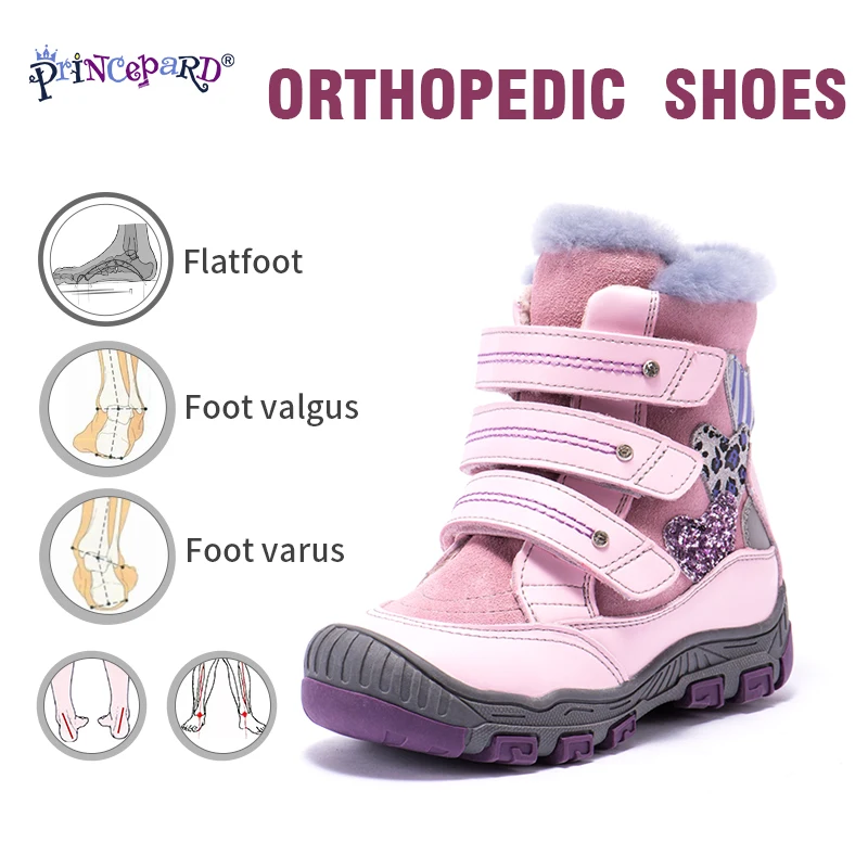 Princepard 100% fourrure naturelle en cuir véritable orhopedic chaussures pour garçons filles 22-36 taille nouveau hiver bottes orthopédiques pour enfants