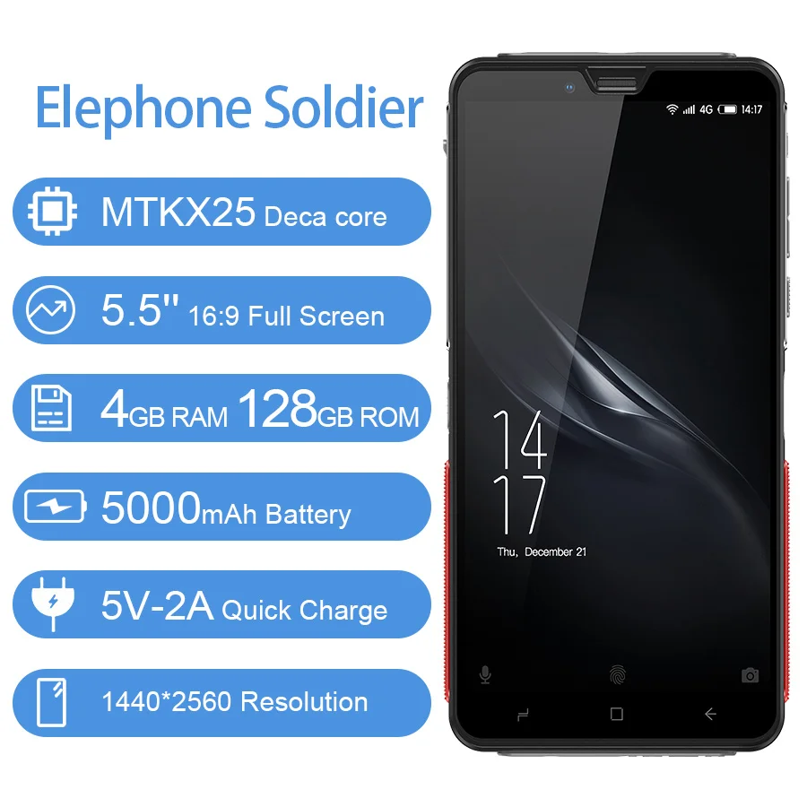 Elephone Soldier 5,5 ''Android 8,0 смартфон 4 Гб 128 ГБ MTKX25 Deca core 16:9 полноэкранный 5000 мАч мобильный телефон с боковым отпечатком пальца