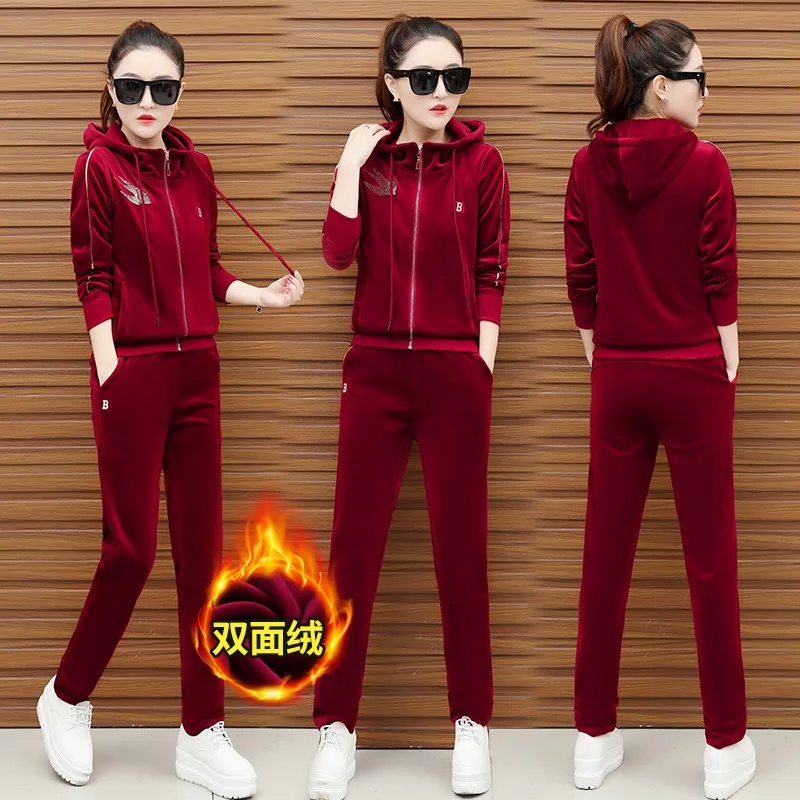 

Winter Thick Velvour Women Sport Suit Zip Up Jacket Hoodies+pant Casual Jogger Running Workout Outfit Set Sportswear Tracksuit