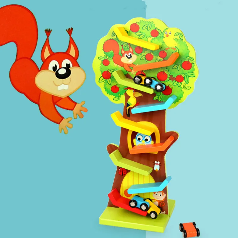 

Montessori Children's Educational Wooden Toys Fun Inertial Track Slide Game Visual Tracking Fruit Tree Roller Coaster Toy