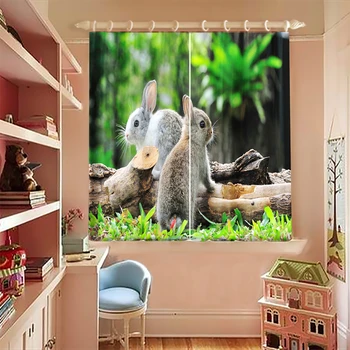

3d Print Blackout Curtains Gray Bunny Animal Pattern Child Room Short Curtains Thickened Fabric Window Curtains for Living Room