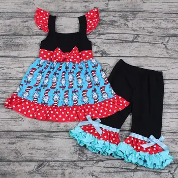 

Spring cute 2pcs outfts with cartoon print polka bowknot black cotton capris