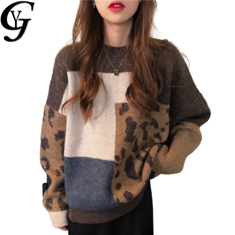 

Chic Ulzzang Fashion Patchwork Leopard Winter Sweaters Women 2020 Casual O-neck Long Sleeve Pullover Knitted Oversized Sweater