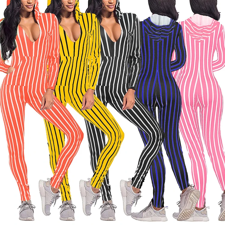 

Best seller Long sleeve v neck hooded stripe print zipper women Jumpsuit