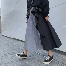 Дизайн Темперамент Нерегулярные плиссированные Лоскутные Юбки Женская мода стильная милая хорошая ткань Верхняя одежда Повседневная Длинная юбка