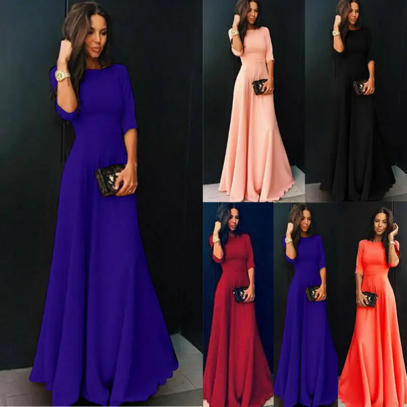 New Simple Women Maxi Dress Round Neck Half Sleeve Solid color Loose Office Dress Ladies Party Chiffon Prom Maxi Dress Vestito