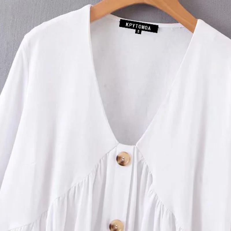  Vintage Elegant Buttons Pleated Tops Women Blouses 2020 Fashion V Neck Flare Sleeve Ladies Shirts C