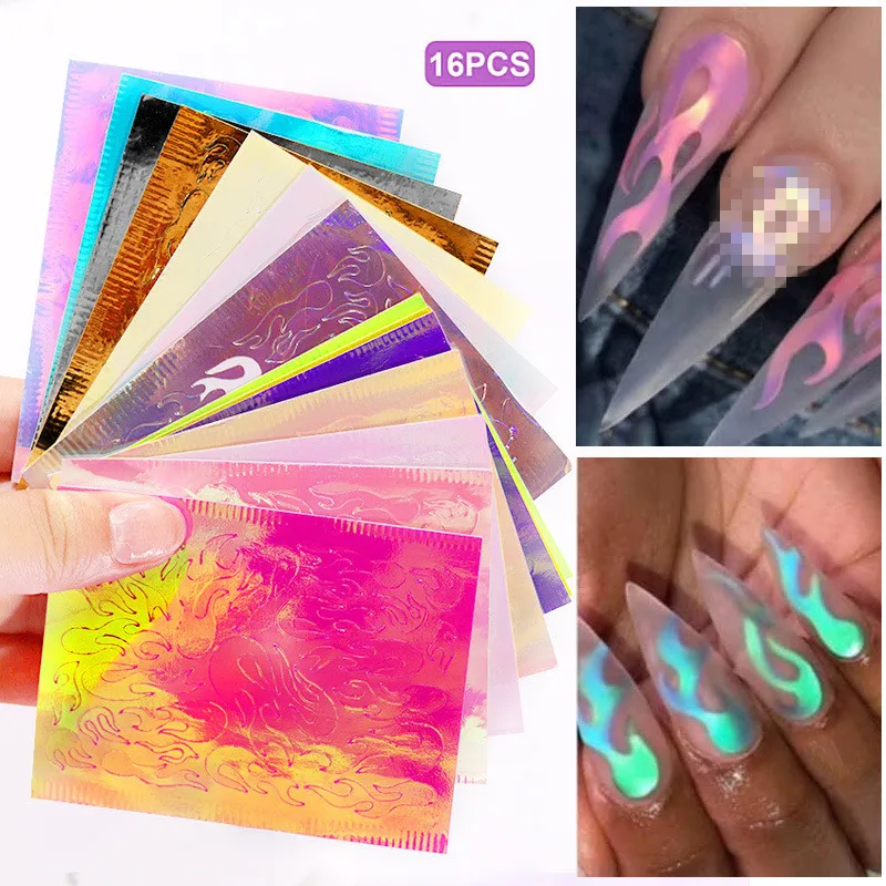 

16Pcs/Set Holographic Flame Leaf Reflective Self Adhesive Foil Nail Stickers Aurora Fire Laser Sticker Nail Art Decal Decoration