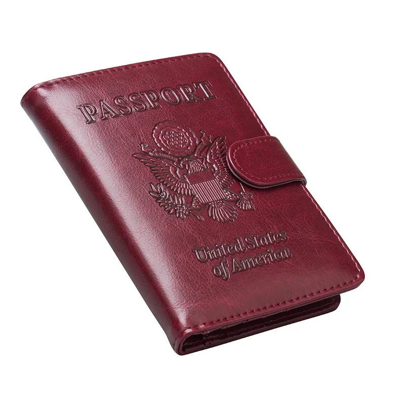 Red USA Leather Passport Cover Travel Leather Card Holder Wallet 