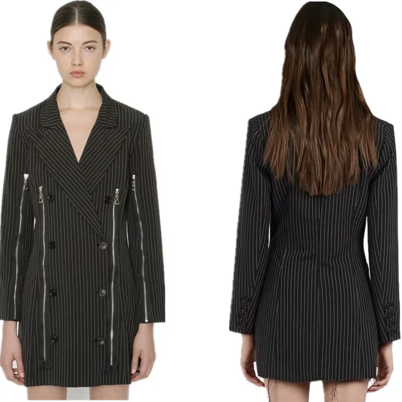 

2018-Style Vertical Striped Elegant Early Autumn New Style Double Breasted Slim Fit Small Suit Coat Women's WOMEN'S Dress