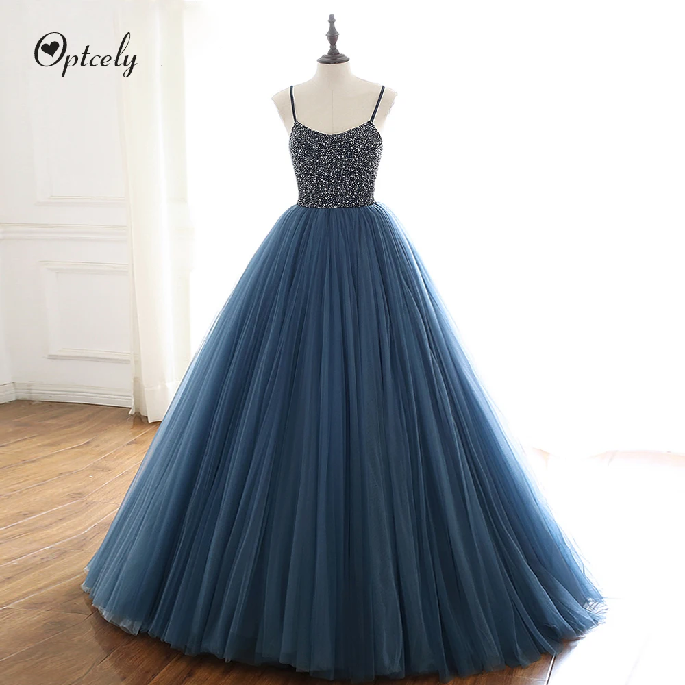 

Optcely Sexy Spaghetti Straps Evening Dress 2019 Sweetheart Neck A-line Navy Blue Sleeveless Long Party Gown Robe De Mariee