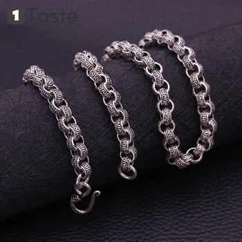 

ONE TASTE S925 Sterling Silver 8mm-Circle Rolo Chain Men's Necklace Carved Palisade Pattern Thai Silver Vintage Fine Jewelry