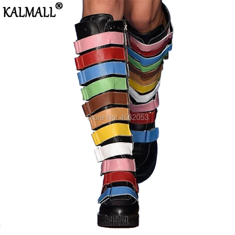 KALMALL/разноцветная подиумная обувь; сезон осень-зима; удобные туфли на высокой подошве; женская обувь на платформе; волшебная наклейка; Радужный ремешок; сапоги до колена