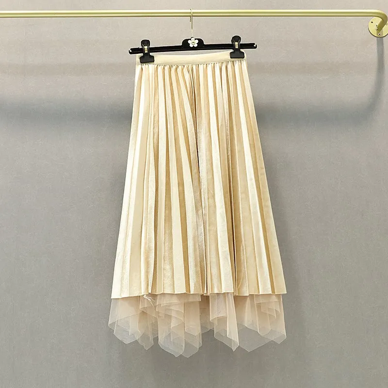 Golden Velvet Half-length Two-sided Yarn Skirt Female Autumn and Winter New High-waist Mesh Pleated Skirt