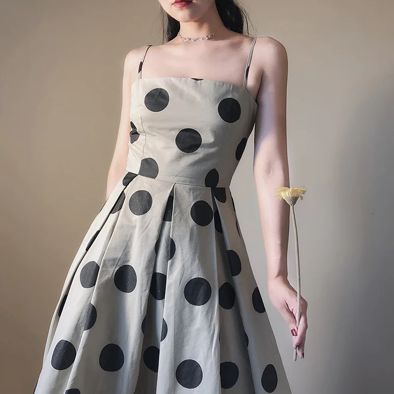 [DEAT] New Casual Women Summer Dress Elegant Khaki Black Dot Pattern Sleeveless Strapless Spaghetti Strap Long Dresses NA738