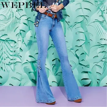 

WEPBEL Fashion Mid Waist Denim Flare Pants Women Lace Up Slim-fit Stretch Jeans Wide Leg Trousers Lady Casual Plus Size