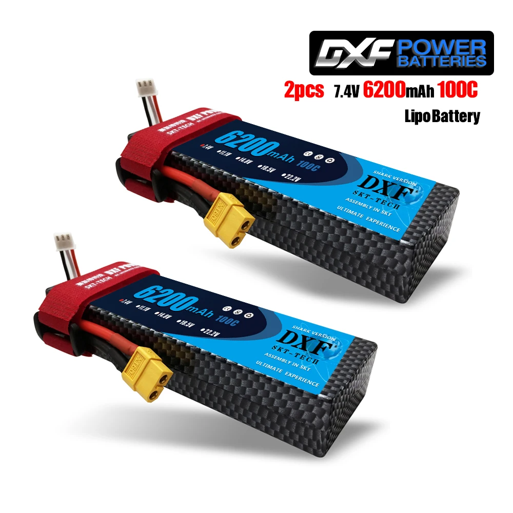 Dxf 2 pçs 7.4v 6200mah 100c max