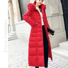 Зимнее Новое Женское хлопковое пальто большого размера, длинное тонкое плотное хлопковое пальто выше колена, одежда с большим меховым воротником, хлопковая куртка