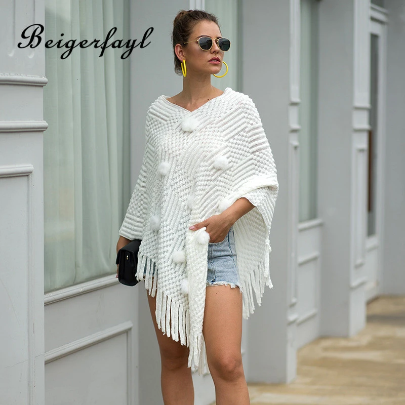 Beigerfayl, однотонный, Abbigliamento Donna Autunno Inverno,, с кисточками, v-образный вырез, теплый винтажный свитер, накидка, шаль с шариками, JM77106