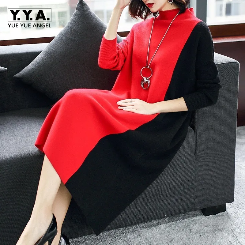 Vintage Elegante Vrouwen Gebreide Lange Jurk Mid Kalf Office Werk Turleneck Jurken Kleuren Gemengde Loose Fit Casual Trui Vestidos Vintage Elegante Vrouwen Gebreide Lange Jurk Mid Kalf Office Werk Turleneck Jurken Kleuren Gemengde Loose Fit Casual Trui Vestidos
