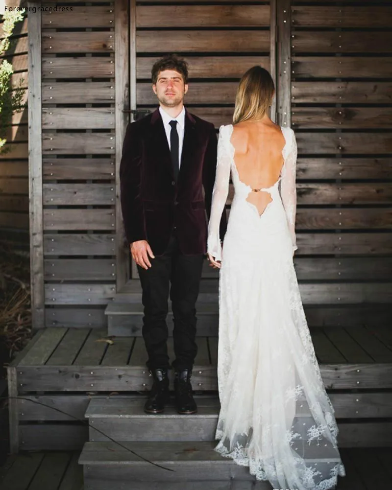 2017 New Romantic Bohemian Wedding Dresses Sheer Lace Long Sleeves V Neck Chiffon Floor Length Summer Beach Bridal Gowns  157 (4)