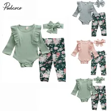 Детская одежда на весну-осень, комбинезон с длинными рукавами и оборками для новорожденных девочек, леггинсы с цветочным принтом, повязка на голову, одежда в рубчик