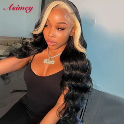 Asimey Ombre Highlight 613 Blonde Black Colored Transparent Lace Frontal  Body Wave Wig Human Hair Wavy 180 Preplucked For Women