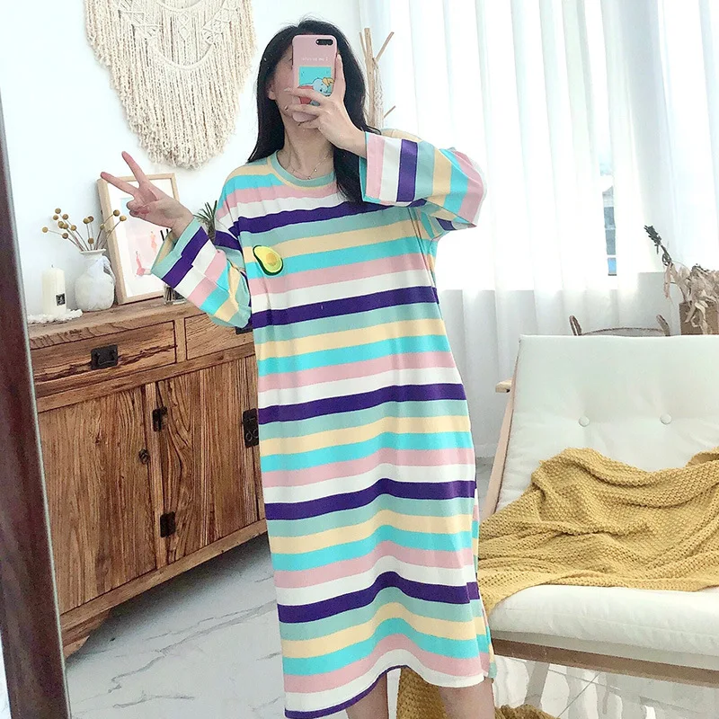 

Nightgown Women's Spring And Autumn Pure Cotton Long Sleeve Cute Avocado Pajamas Korean-style Fresh Students Loose Outer Wear Tr